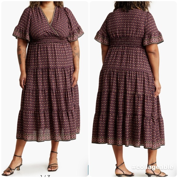NWOT Max Studio Boho Print Short Sleeve V-Neck Maxi Dress in Purple/ Pink Sz 1X - Picture 2 of 11
